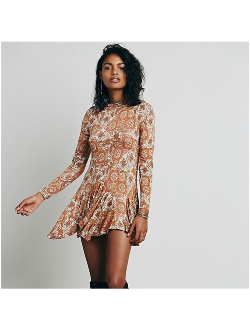 Whimsical Boho-Chic Mock-Neck Long Sleeve Flared Mini Dress Bodycon Cottagecore